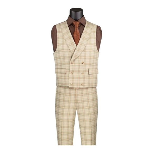 MEN'S VINCI 3 PIECE MODERN FIT KHAKI WINDOWPANE PLAID SUIT. MV2W-3 - Picture 3 of 3